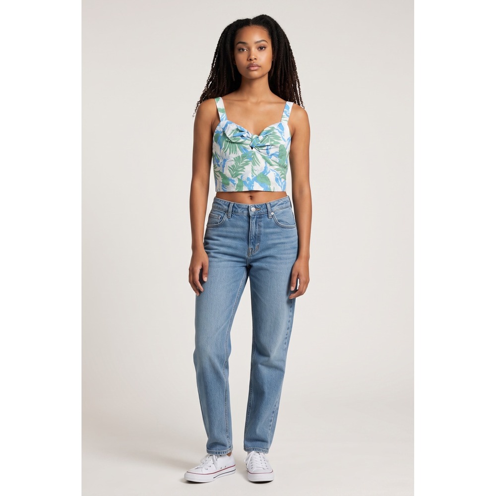 Very J Tropical Palm Print Knot Front Crop Top Blue Green  Large